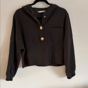 Zara Cropped Hoodie with Gold Buttons- deep olive/gray 🫒